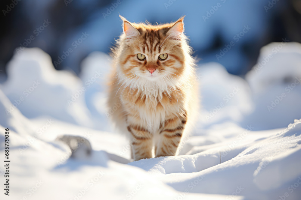 cat walks through the snow on a winter day cat walks through the snow on a winter day