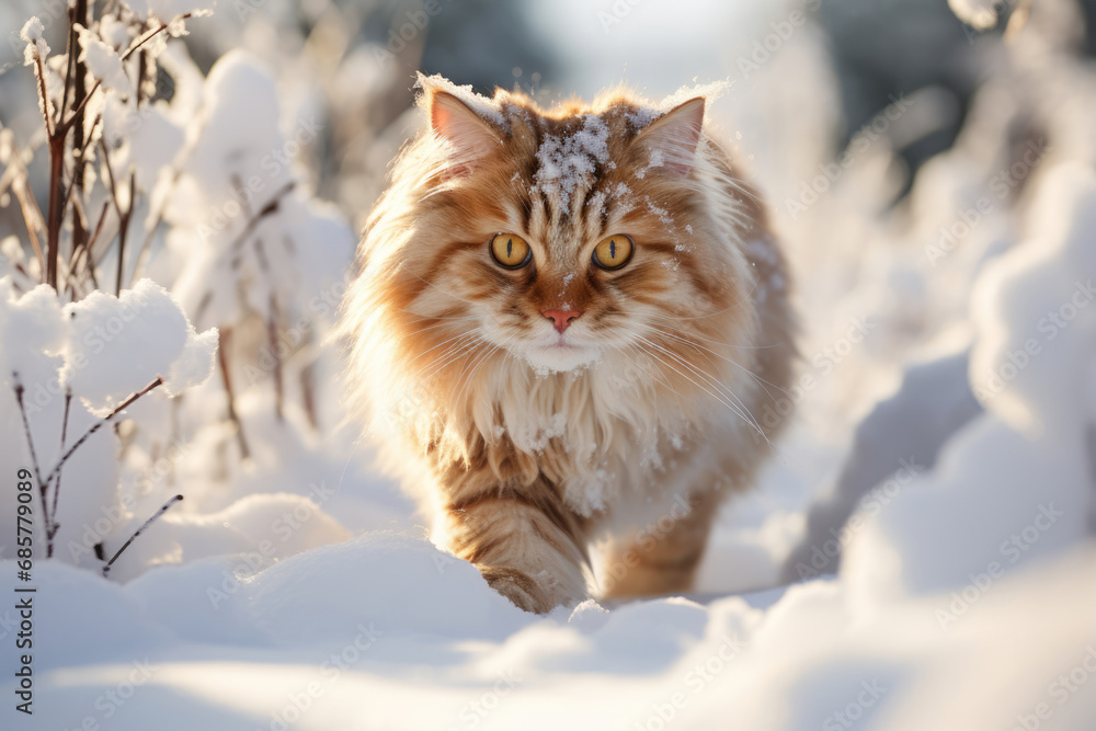 cat walks through the snow on a winter day