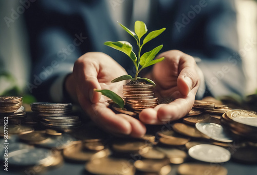 Crescita Finanziaria- Mani che Proteggono una Pianta di Monete in Crescita photo