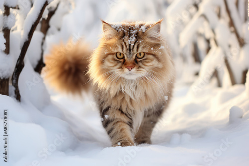 cat walks through the snow on a winter day