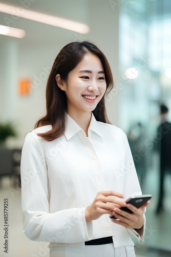 happy Korean professional business woman using mobile applications on phone at work standing at lobby. generative AI © yj