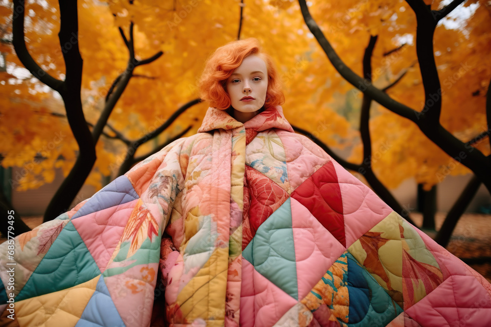 Fototapeta premium ginger hair woman in a huge quilted jacket standing in an autumn park among trees