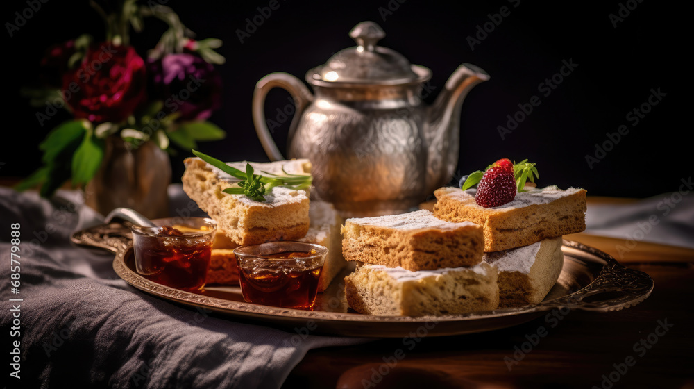 Gourmet cupcakes with a tea tray of sandwiches and scones Gourmet cupcakes with a tea tray of sandwiches and scones