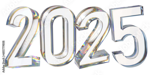 happy new year 2025 glass letter with chromatic aberration refraction dispersion 3d illustration isolated