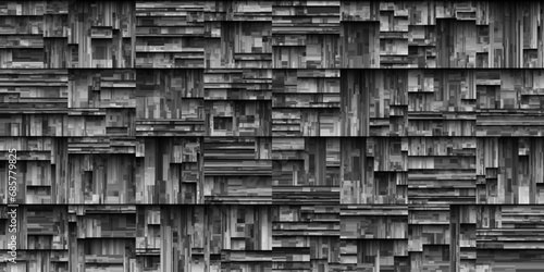 Futuristic damage texture of post-apocalyptic ruined city. Sci-fi and cyberpunk technology concept. Digital destroyed pixel glitch noise. Abstract spaceship surface panels wall. Vector illustration