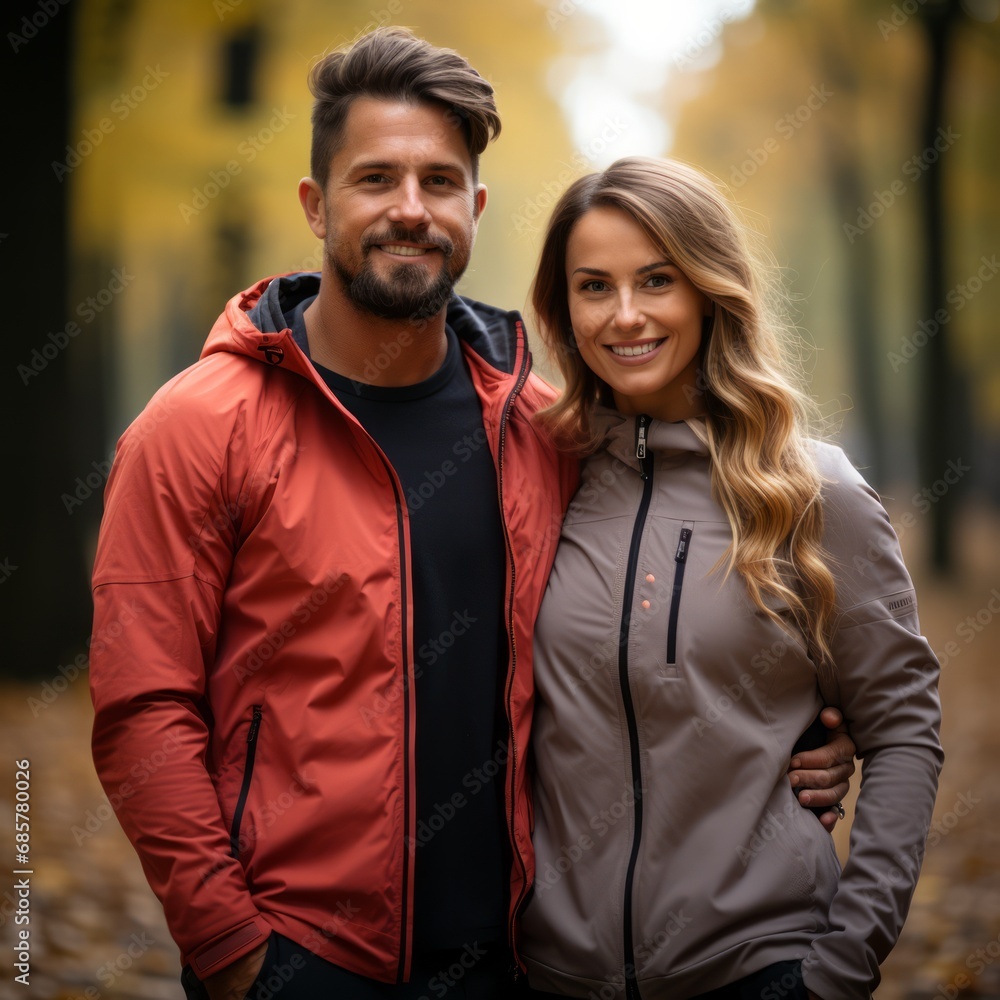 Happy Couple in Autumn Attire Enjoying a Walk Together in a Tree-Lined Avenue Happy Couple in Autumn Attire Enjoying a Walk Together in a Tree-Lined Avenue
