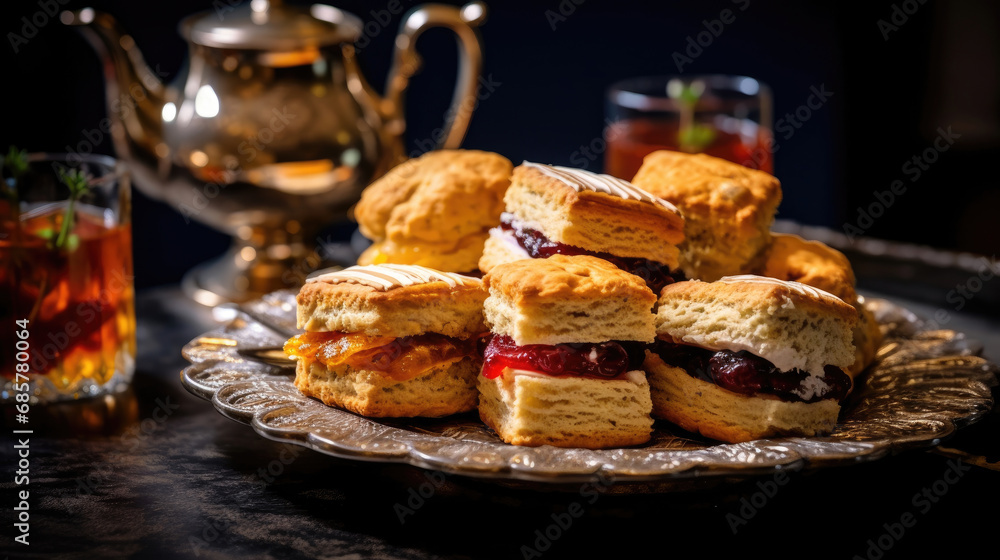 Gourmet cupcakes with a tea tray of sandwiches and scones