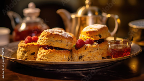 Gourmet cupcakes with a tea tray of sandwiches and scones photo