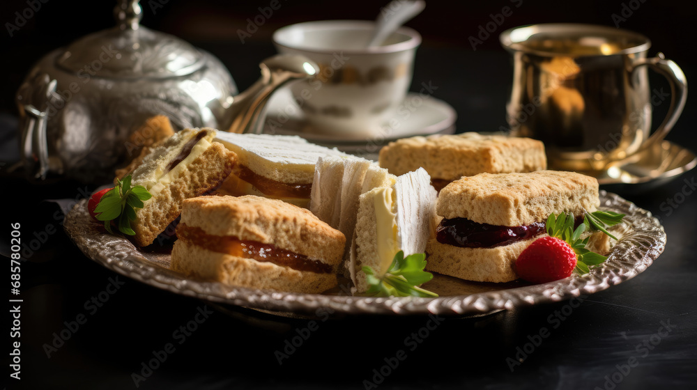 Gourmet cupcakes with a tea tray of sandwiches and scones Gourmet cupcakes with a tea tray of sandwiches and scones