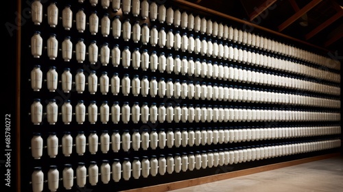 Gigantische schwarze Wand mit hunderten von gefüllten Milchflaschen 