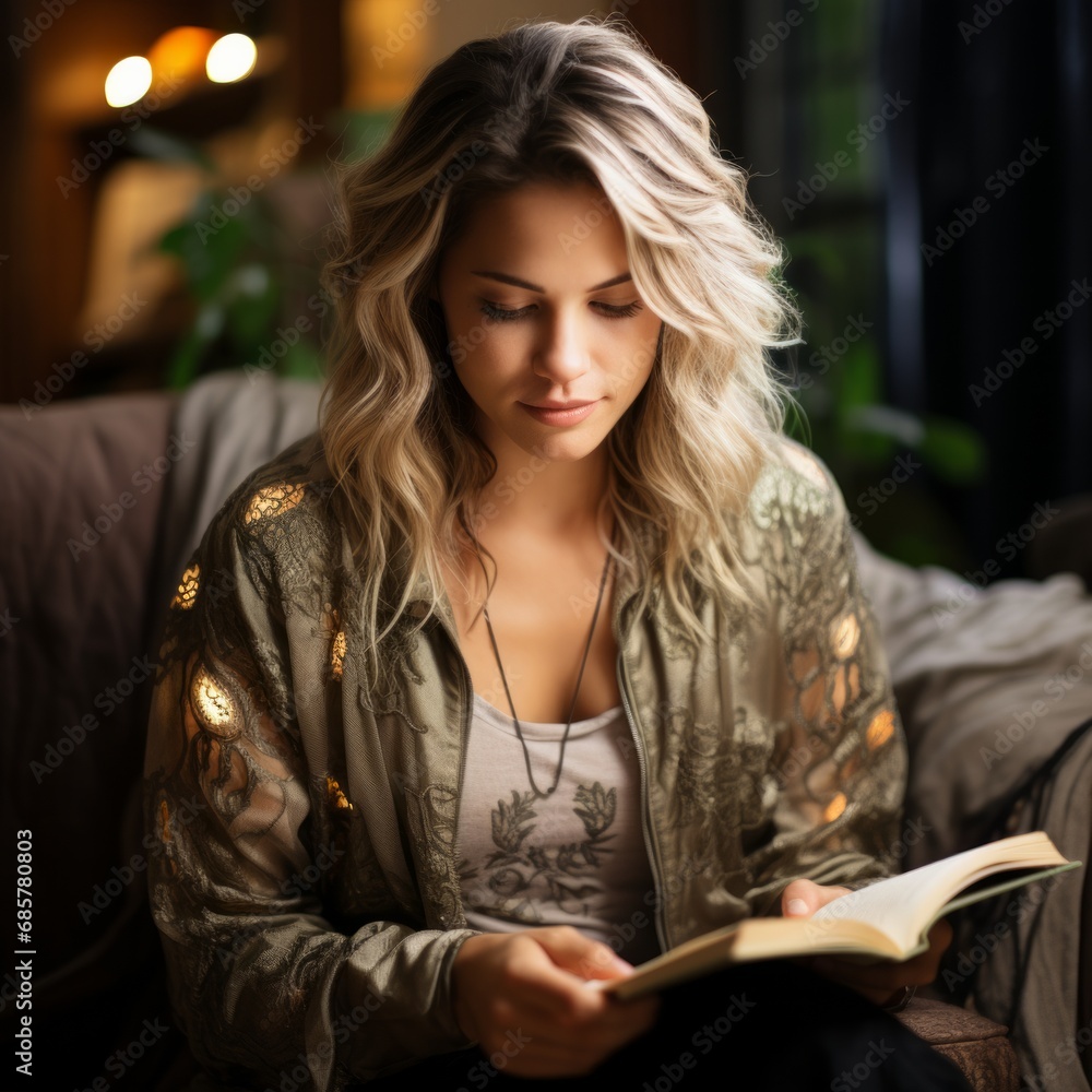Peaceful Young Woman Engrossed in Reading a Book in a Cozy Home Environment Peaceful Young Woman Engrossed in Reading a Book in a Cozy Home Environment