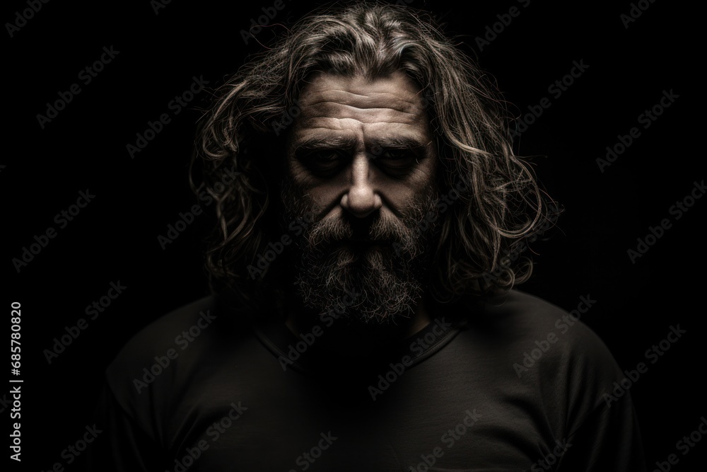 Dramatic close up black and white portrait of old homeless alcoholic man face depressed sick and lonely,  Generative AI