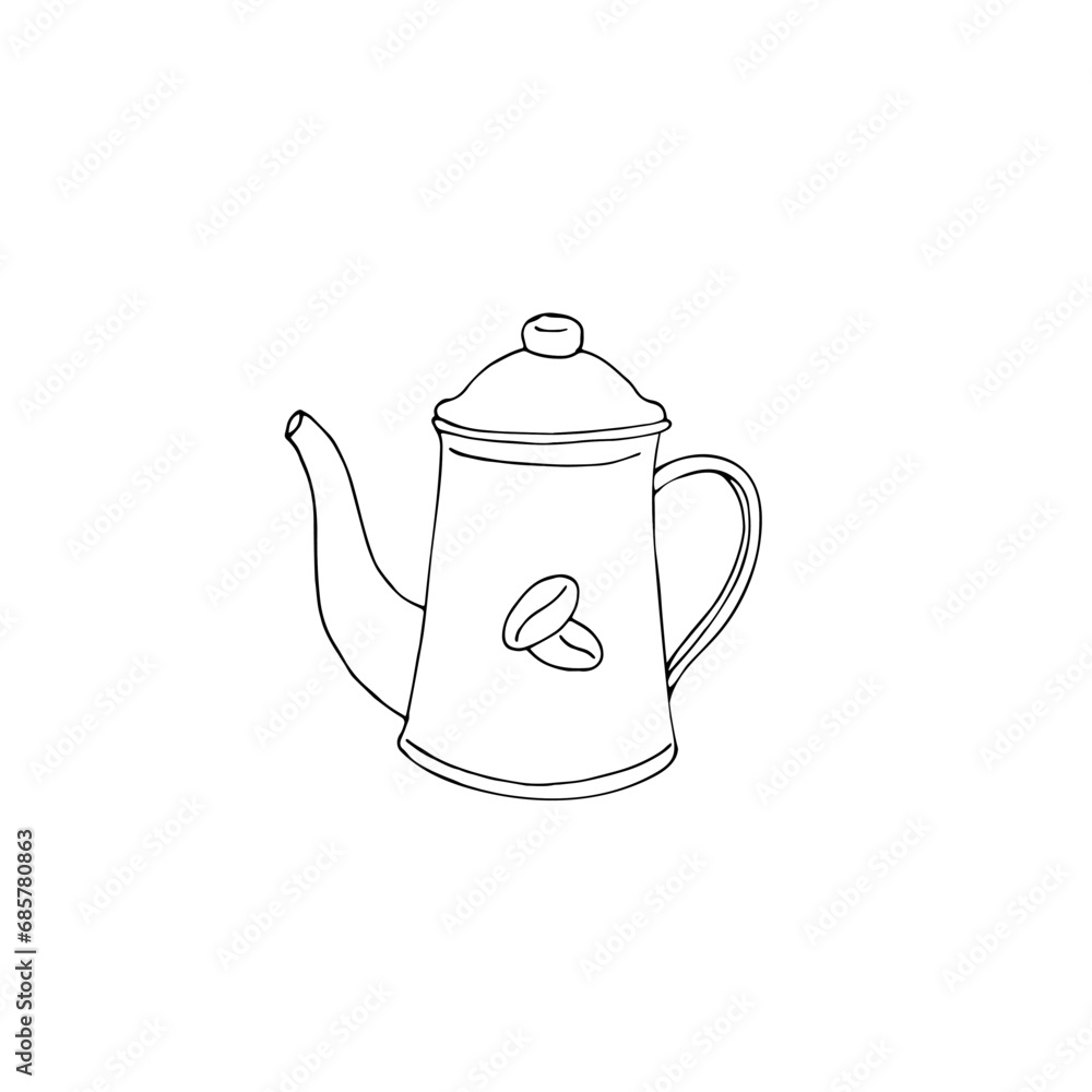 Hand-drawn coffee pot isolated on a white background. Vector illustration of cooking equipment for making coffee with coffee beans on it. Hand-drawn coffee pot isolated on a white background. Vector illustration of cooking equipment for making coffee with coffee beans on it.