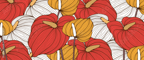 Bright summer floral background, poster, banner with yellow and red calla flowers.