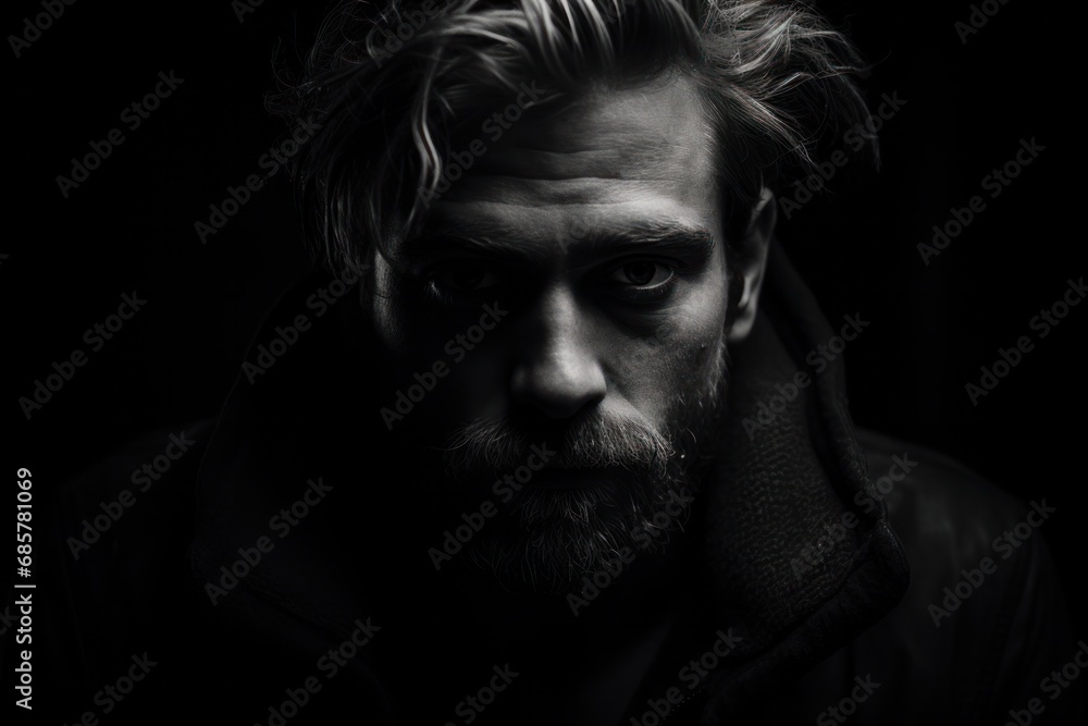 Dramatic close up black and white portrait of old homeless alcoholic man face depressed sick and lonely,  Generative AI - obrazy, fototapety, plakaty 