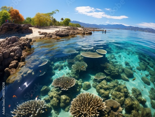 Vibrant Coral Reef and Tropical Fish in Crystal Clear Waters of a Sunlit Island Shoreline