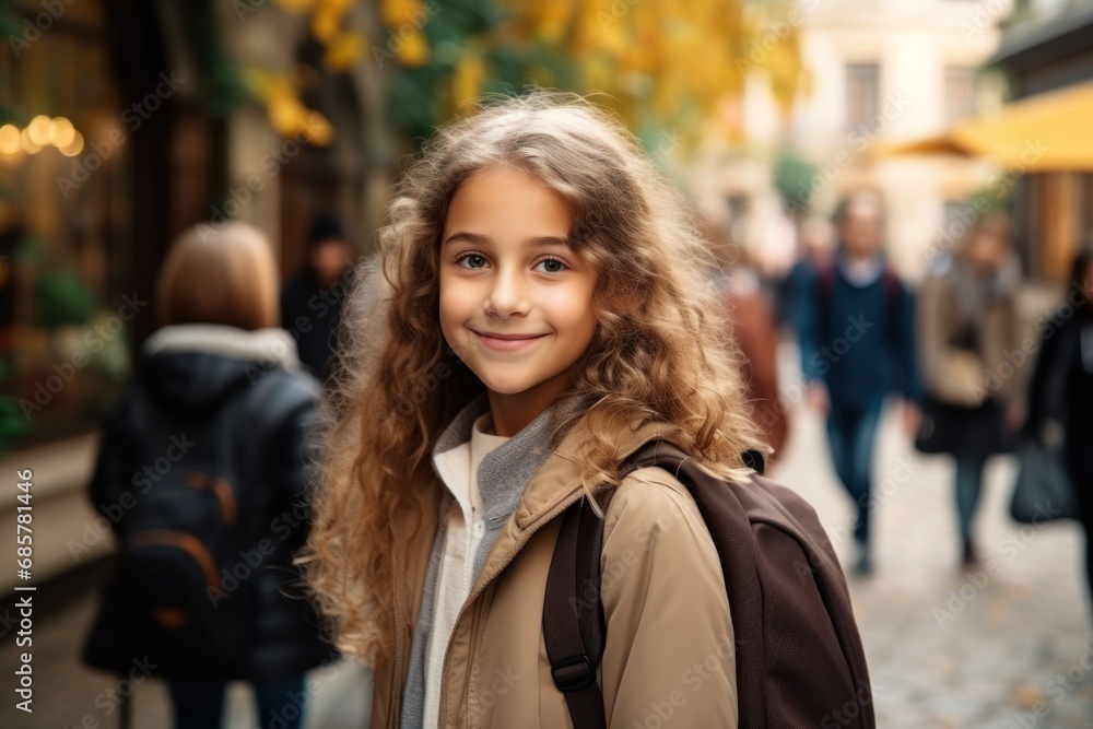 Portrait of young girls children and bus going back home looking forward smiling excited, Generative AI