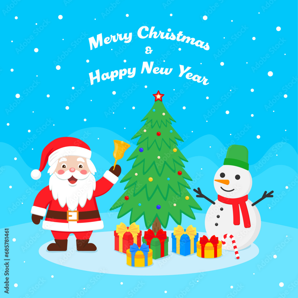 Cute Santa Claus with gifts and Snowman. Merry Christmas and New Year design. Color vector illustration in cartoon flat style.