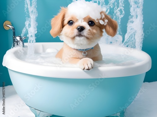 puppy in bath in tub light blue background