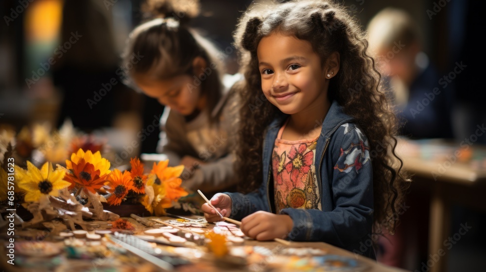 Smiling Young Girl Engaged in Arts and Crafts with Autumn Leaves at a Workshop