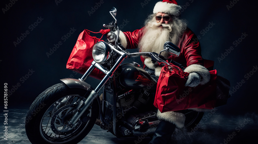 Santa Claus in rocker style riding the bike on black background Santa Claus in rocker style riding the bike on black background