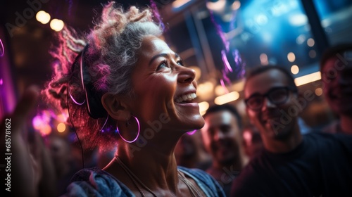 Energetic Woman Enjoying Music and Dancing at a Vibrant Night Club Event