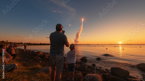 Mann und Kind beobachten einen Raketenstart an einem Strand bei Sonnenuntergang