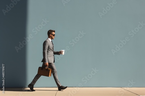 a man in a suit holding a coffee and a briefcase
