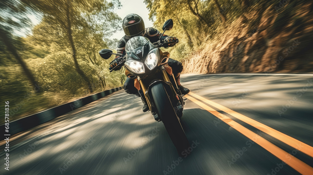 The motorcycle rider speeds down the road The motorcycle rider speeds down the road