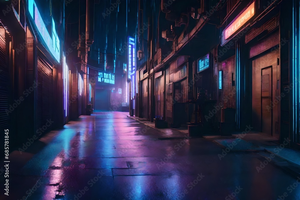 A gritty, cyberpunk-inspired alley with holographic advertisements, flickering neon signs, and augmented reality interfaces. The futuristic urban setting combines elements of technology.