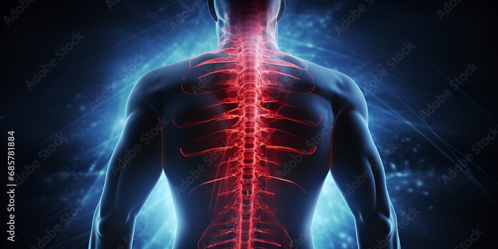 Back Pain Discomfort from Strain or Injury, Relieving Severe Back Pain, Osteoporosis Pain Backbone Therapy, a mans back with a glowing spine generative ai

