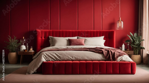 Soft headboard for a bed in the shape of rectangles of red velvet strict without a bed, 4K, high resolution. Ai Generative