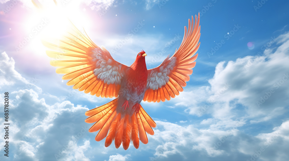 Fototapeta premium Vibrant Orange Bird in Flight Towards the Setting Sun