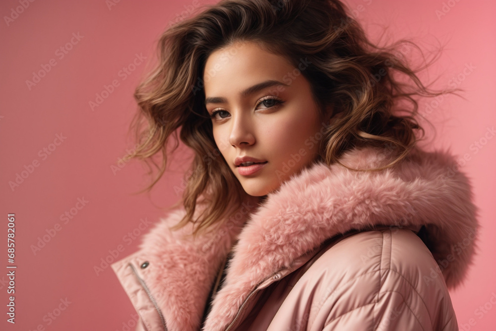 Woman in winter fluffy jacket while posing over pink background. Generative AI. Woman in winter fluffy jacket while posing over pink background. Generative AI.
