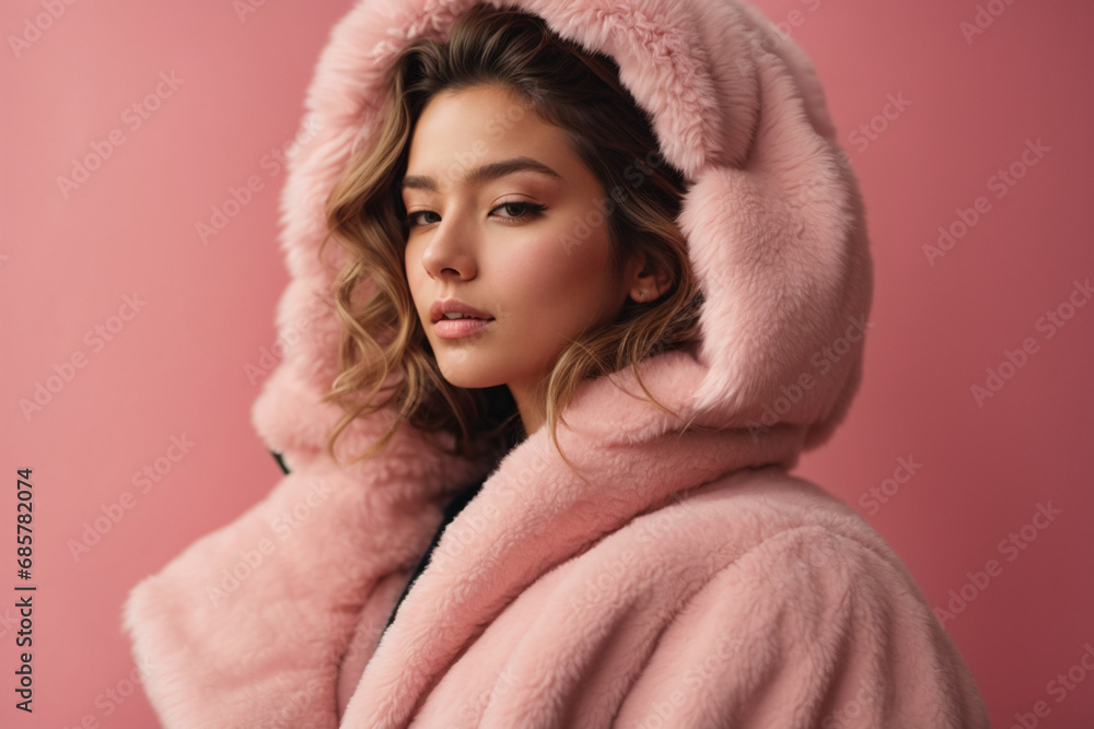 A woman in winter fluffy jacket while posing over pink background. Generative AI.