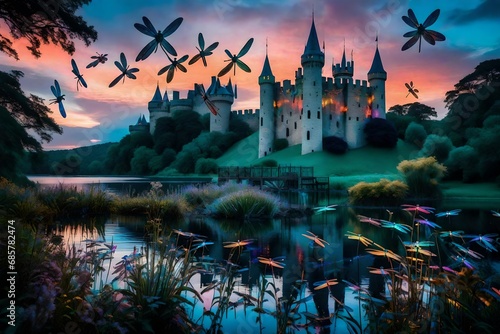 The castle is adorned with shimmering crystals, and the dragonflies showcase a spectrum of colors, creating a surreal fusion of nature, technology, and fantasy.