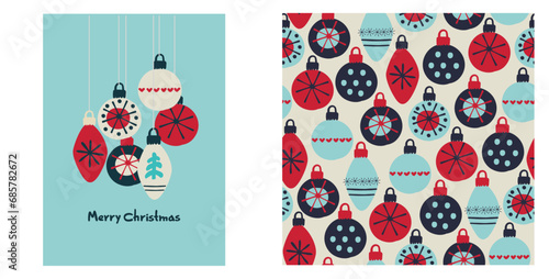 A set of greeting card and holiday wrapping pattern in the same style, for home decor and textiles. Christmas and New Year Cozy Holiday Design