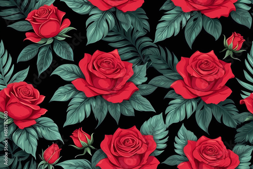 seamless tropical floral pattern of rose on black background
