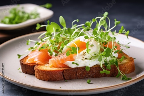 Toast with poached egg, salmon and microgreens. AI generated illustration.