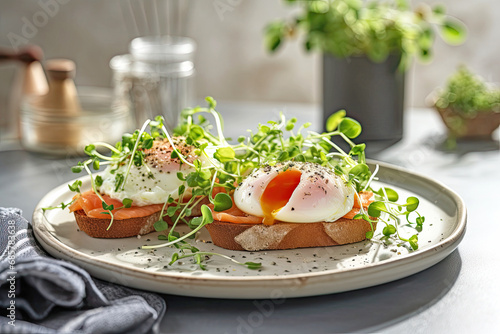 Toast with poached egg, salmon and microgreens on a plate in a modern kitchen. AI generated illustration.