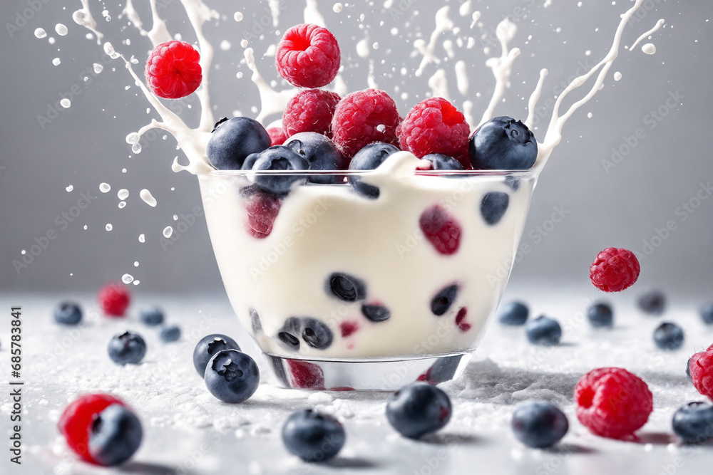 Fresh Raspberry, blueberries splashing into milk or yogurt. Generative Ai. Fresh Raspberry, blueberries splashing into milk or yogurt. Generative Ai.