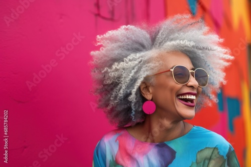 Portrait of African American mature laughing woman with gray hair on bright colorful background.