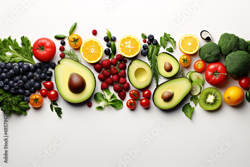 Eating nutritious cuisine is illustrated in a high-resolution display of sundry fruit and veg, on an isolated white backdrop with plentiful space. photo