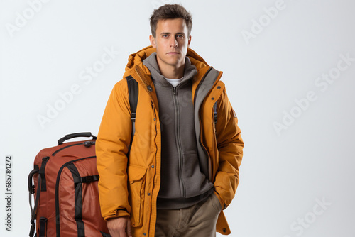 Man in yellow jacket with backpack standing confidently