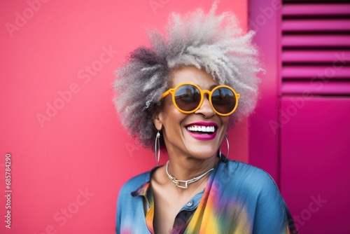 Portrait of African American mature laughing woman with gray hair on bright colorful background. photo