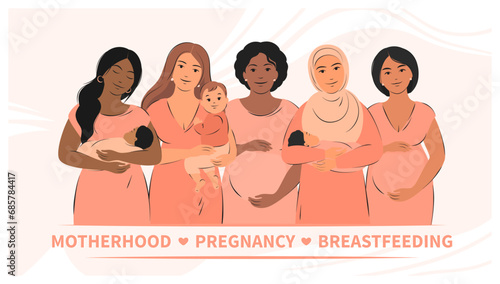 Group of pregnant women and women with children. Pregnancy, breastfeeding and motherhood. Vector illustration