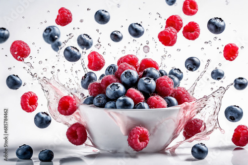 Fresh Raspberry  blueberries splashing into milk or yogurt. Generative Ai.