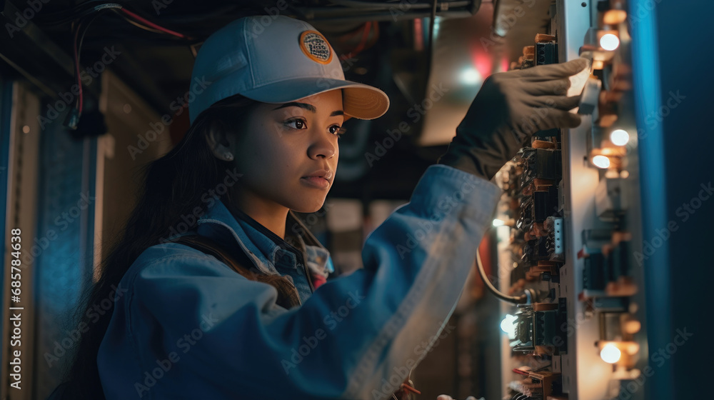 A female electrician is working on a fuse box, wearing safety equipment, a reminder that safety is always in style