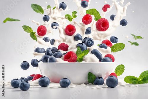 Fresh Raspberry, blueberries splashing into milk or yogurt. Generative Ai.