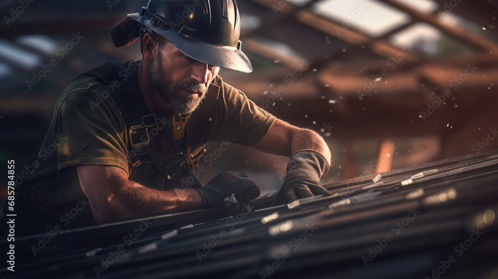 A construction worker is carefully repairing the roof of a house A construction worker is carefully repairing the roof of a house